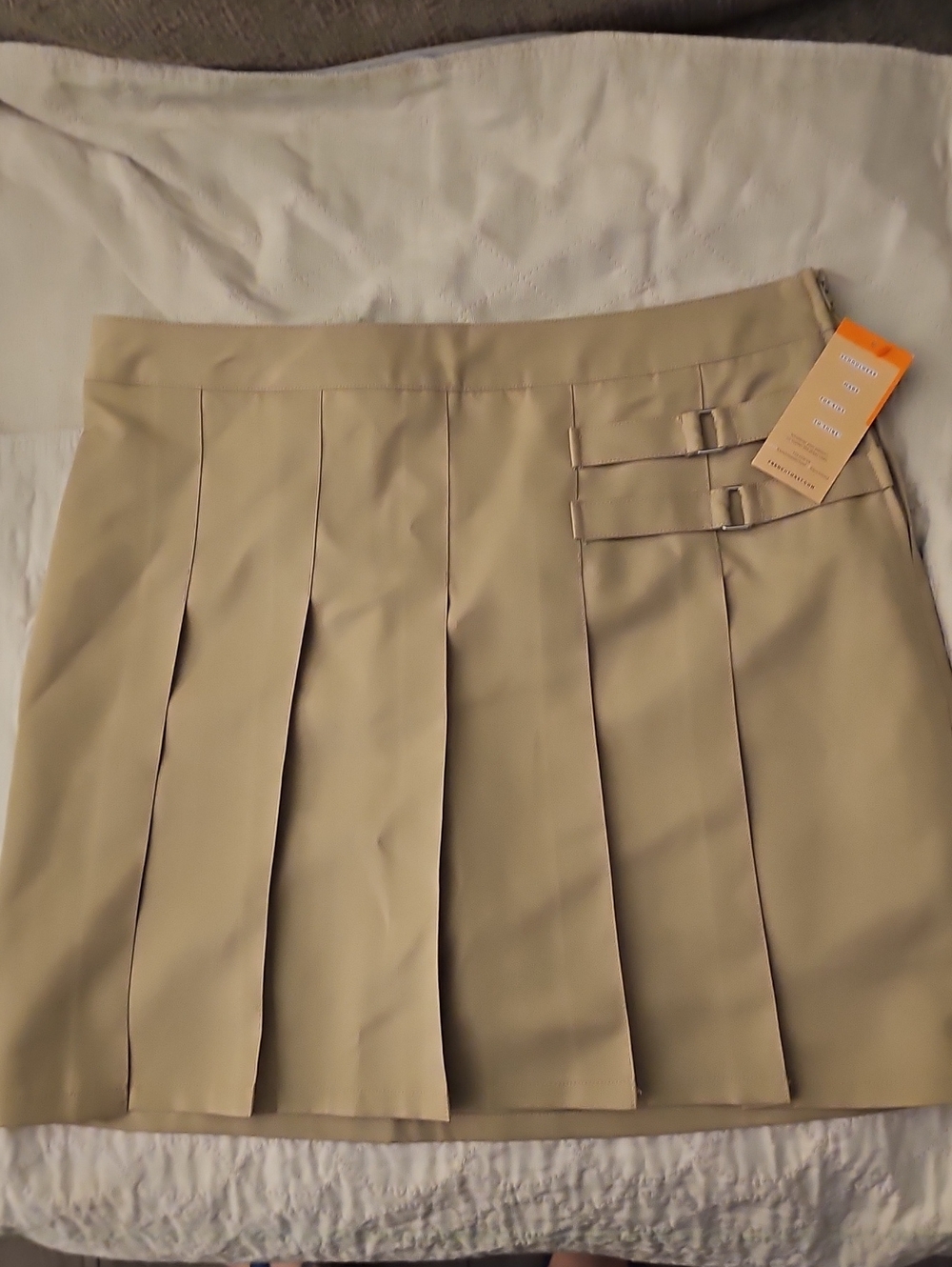 French Toast Pleated Beige Mini Skirt with Side Buckle Detail